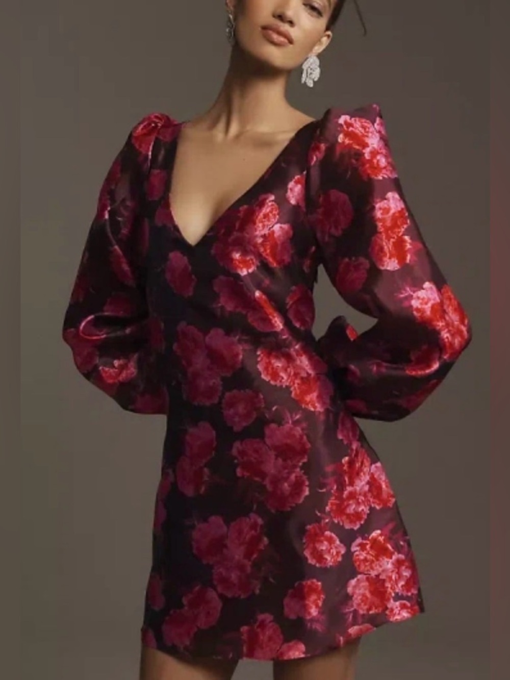 BHLDN Floral Jacquard Satin Puff Sleeve Mini Spring Wedding Dress Guest
